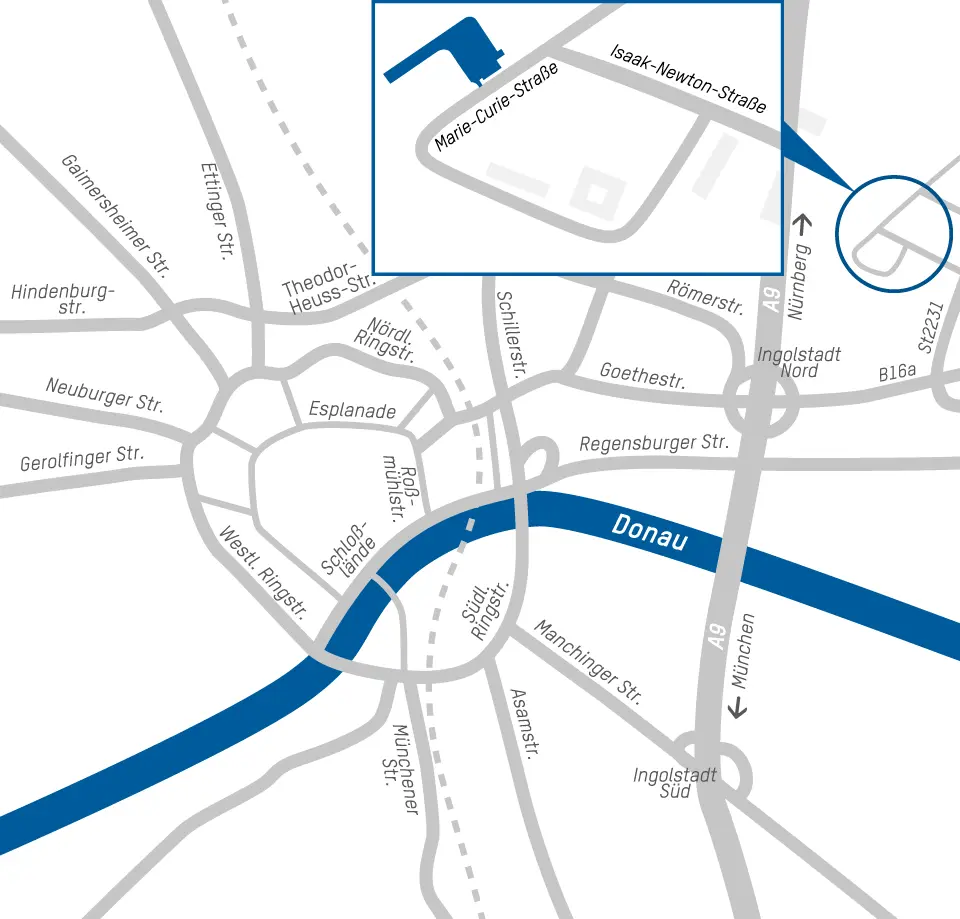 Anfahrtsplan zum Outdoorgelände in der Marie-Curie-Straße in Ingolstadt