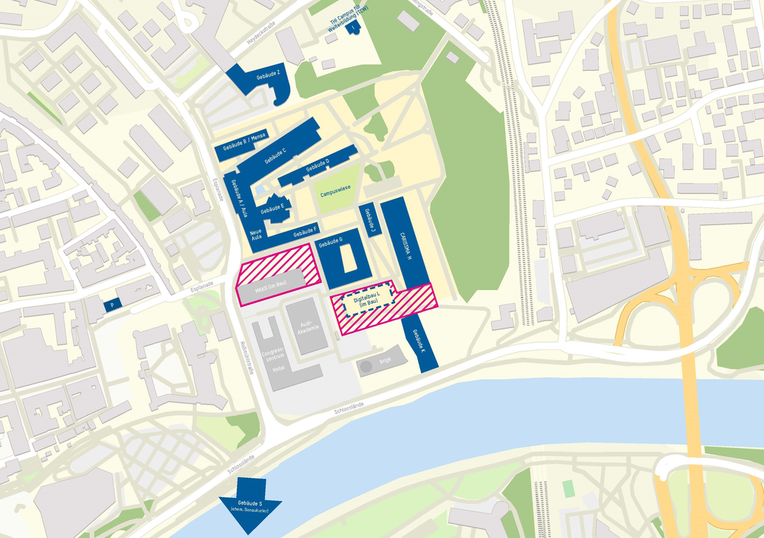 Lageplan des Campusgeländes in Ingolstadt mit Gebäuden am Gießereigelände, am Paradeplatz und mit Pfeil zum Gebäude an der Stauffenbergstr.